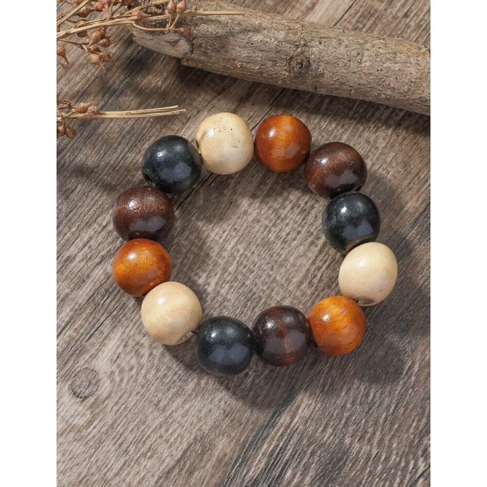 2.0cm Vintage Wood Bead Single Layer Elastic Bracelet For Men And Women